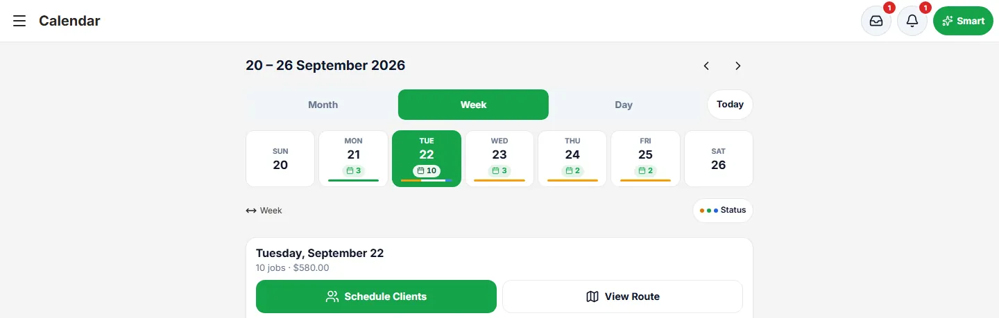 The calendar on a computer: the week with the job count per day and Tuesday’s schedule