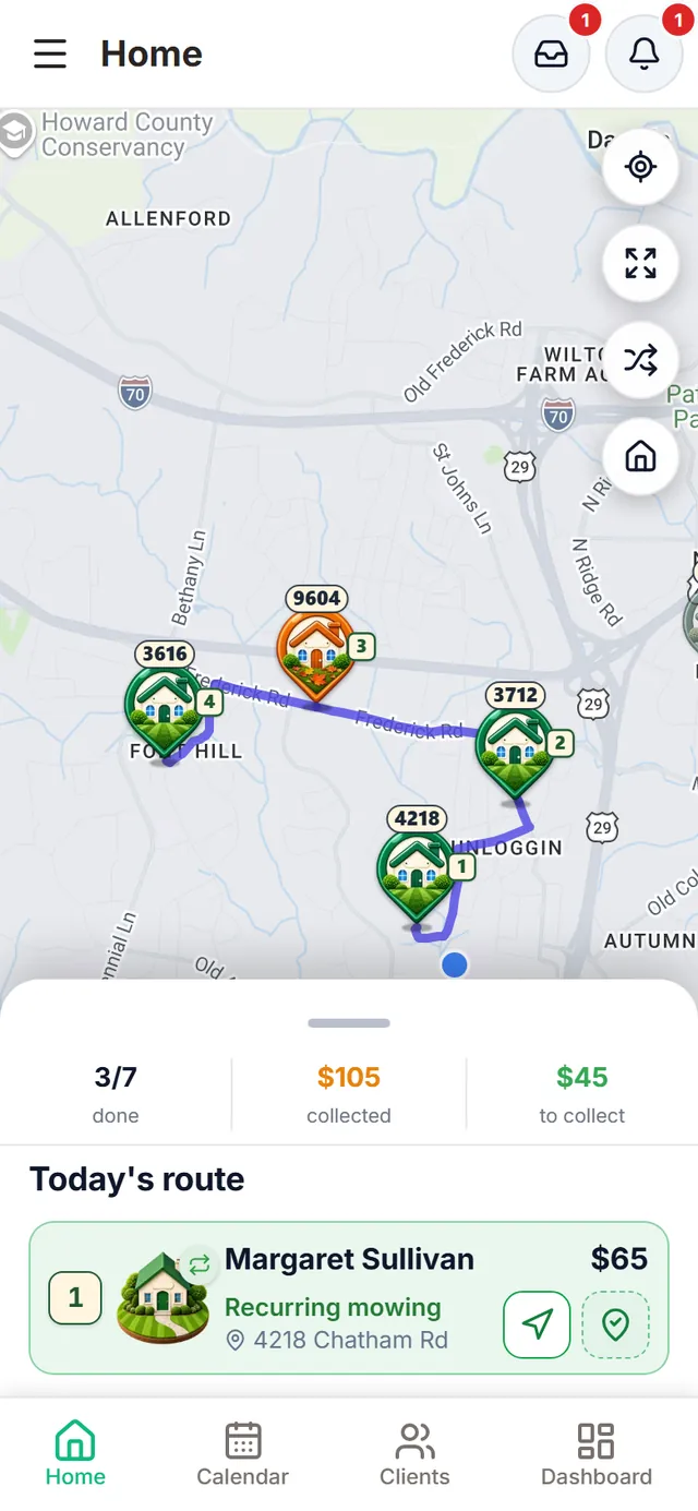 LawnTrail Home: the map with today’s route, numbered houses and dimmed, checked houses for finished jobs; below, 3 of 7 done, $105 collected, $45 to collect and the next stop, Margaret Sullivan, number 1