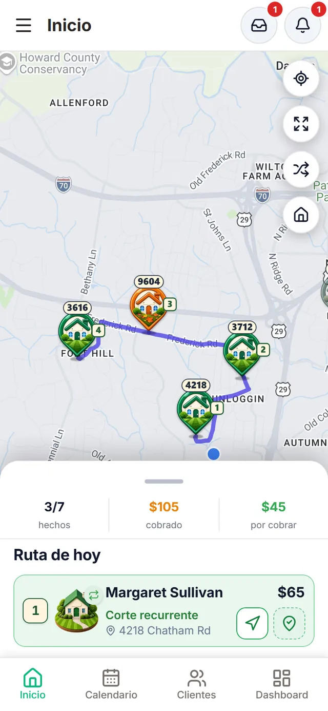 Inicio de LawnTrail: el mapa con la ruta del día, casitas numeradas y casitas apagadas con check de las ya terminadas; abajo, 3 de 7 hechos, $105 cobrados, $45 por cobrar y la próxima parada, Margaret Sullivan, con el número 1