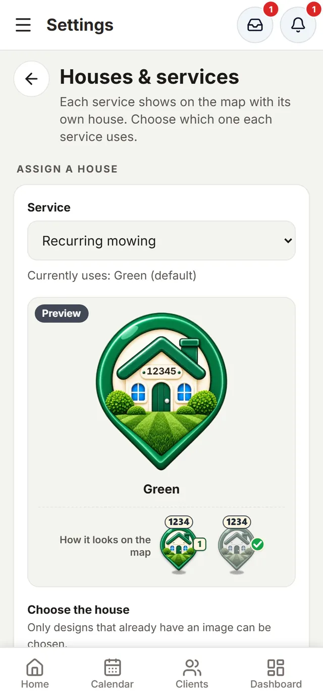 Houses & services: pick a service and the house that represents it on the map, with a preview of how it looks pending and finished