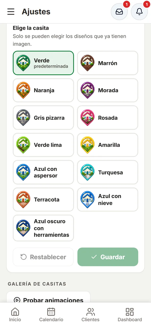 La galería de diseños de casitas: verde, marrón, naranja, morada, gris pizarra, rosada, verde lima, amarilla, azul con aspersor, turquesa, terracota y más