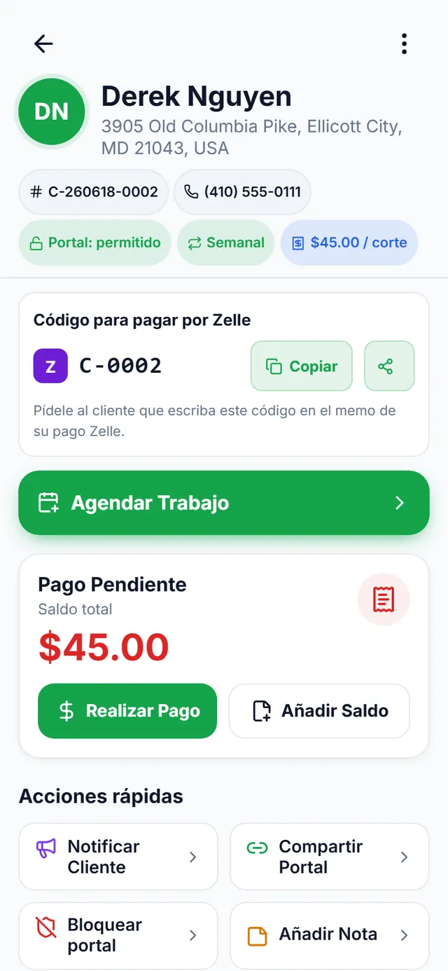 Ficha de Derek Nguyen: frecuencia semanal, $45 por corte, su código para pagar por Zelle, saldo pendiente de $45.00 con «Realizar Pago» y «Añadir Saldo», y el botón «Agendar Trabajo»
