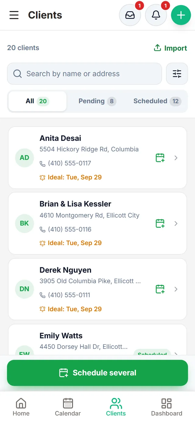 Client list: 20 clients with address, phone and next ideal day, the “Import” button, All / Pending / Scheduled filters and the “Schedule several” button