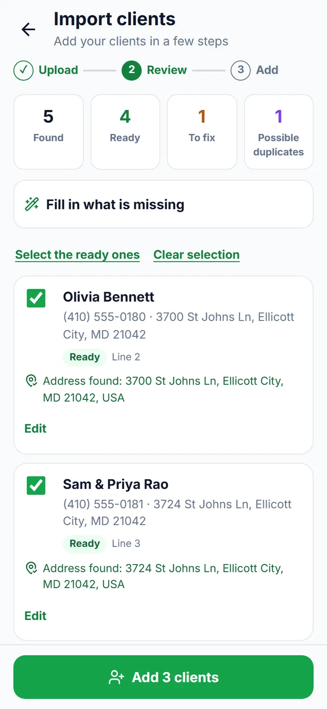 Import clients, step 2 “Review”: 5 found, 4 ready, 1 to fix and 1 possible duplicate, with the ready rows checked and the “Add 3 clients” button