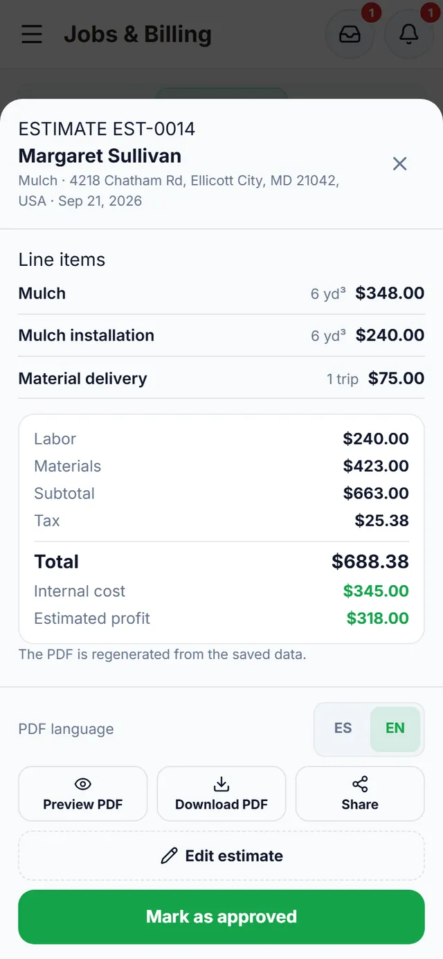 Estimate EST-0014 for Margaret Sullivan: line items, labor, materials, tax, a $688.38 total, internal cost, estimated profit and PDF buttons in English or Spanish