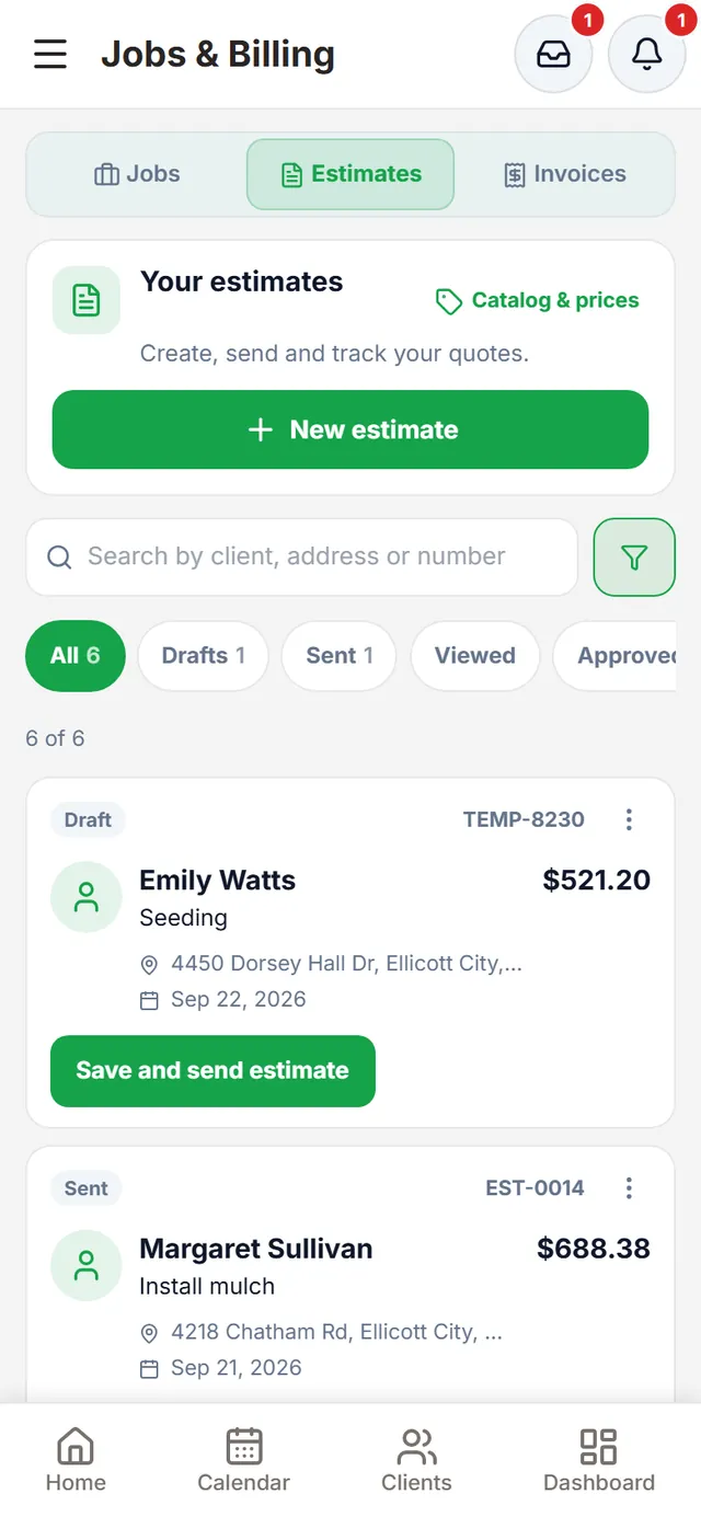 Jobs & Billing, Estimates tab: status filters and draft and sent estimates, with their number and total