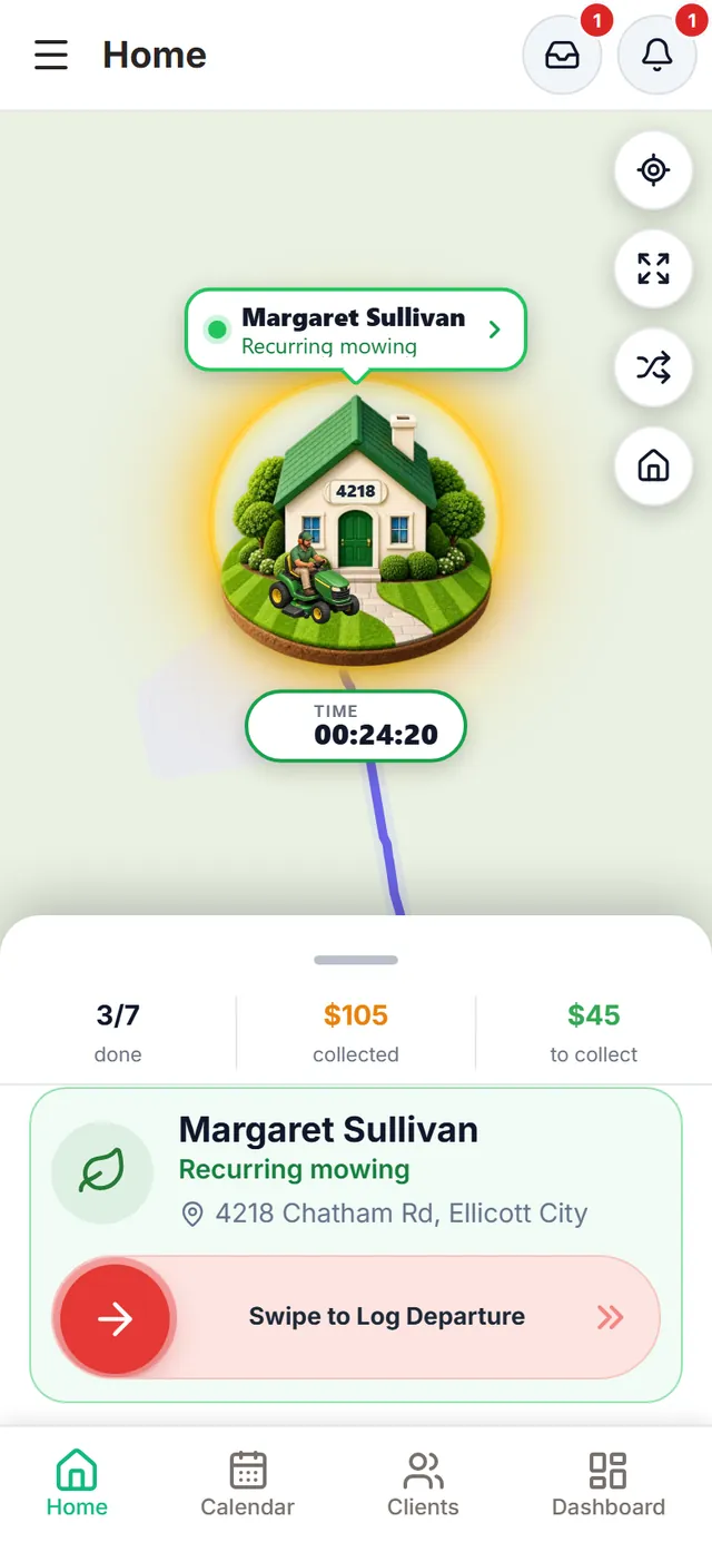 Job in progress: Margaret Sullivan’s house with the animated gardener mowing, the timer past 24 minutes and the red “Swipe to Log Departure” control