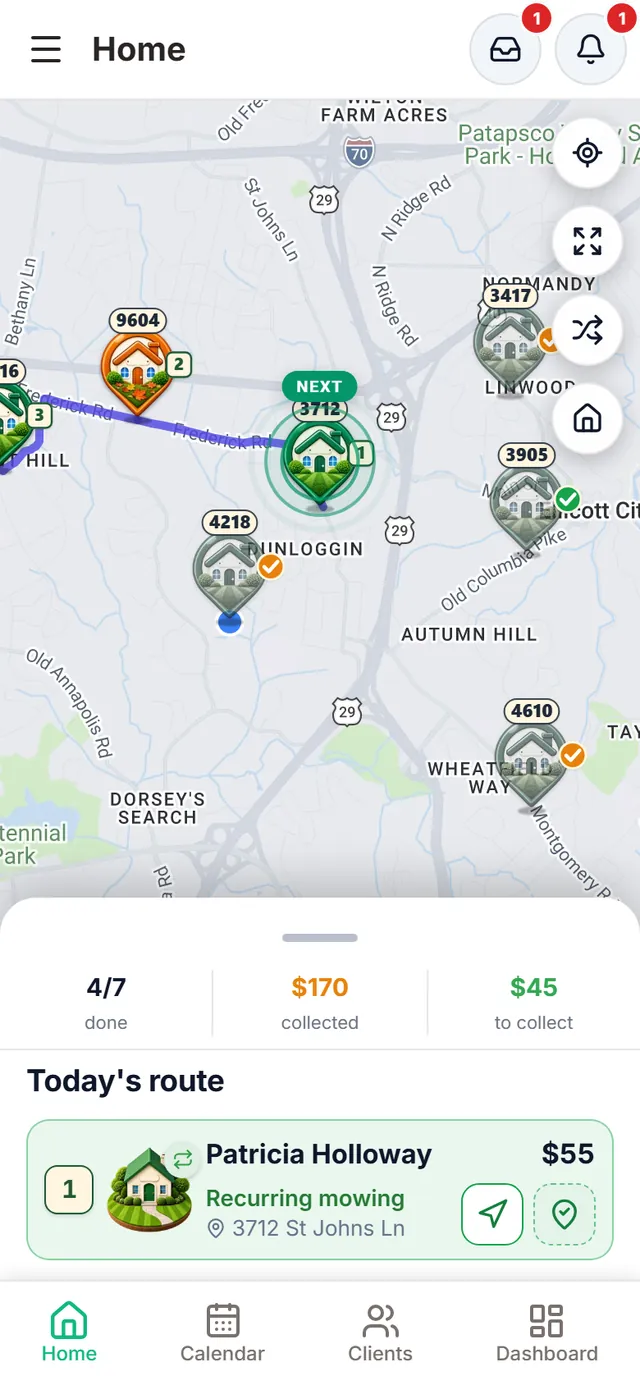 After finishing: house 4218 is dimmed with the orange paid check, the next stop is marked on the map and the bar moves to 4 of 7 done and $170 collected