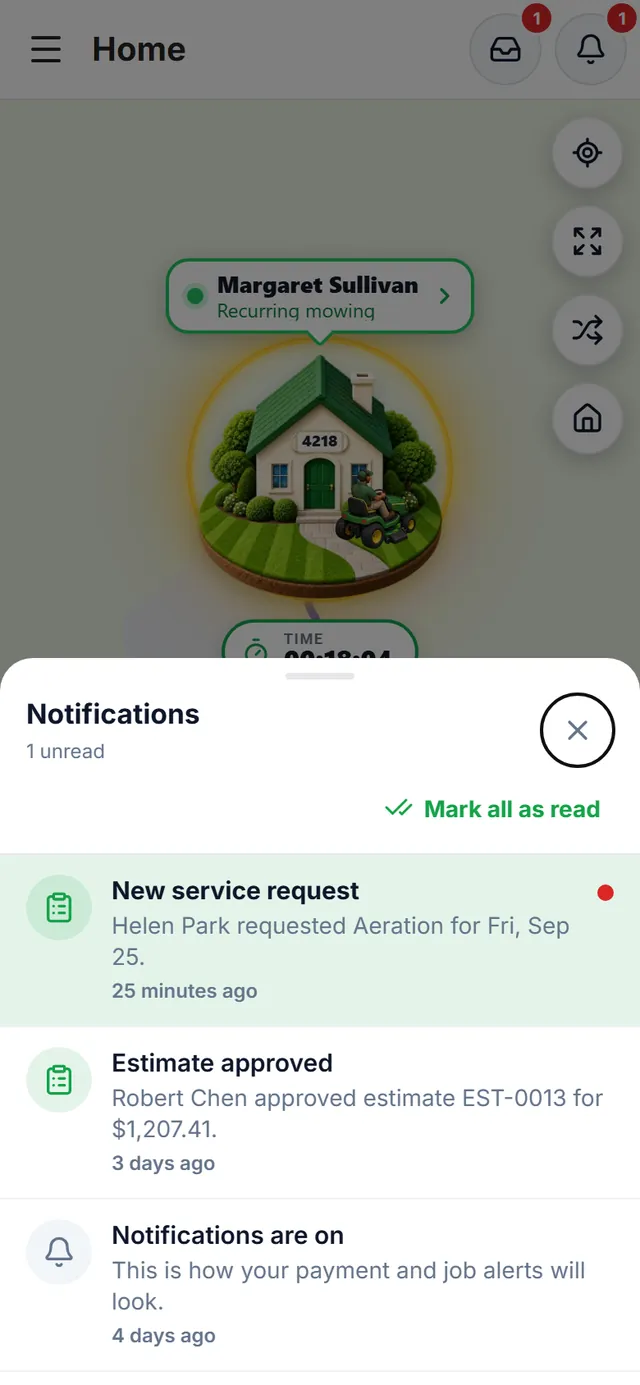 Owner notifications: an unread new service request, an estimate approved by the client and the notifications-on message