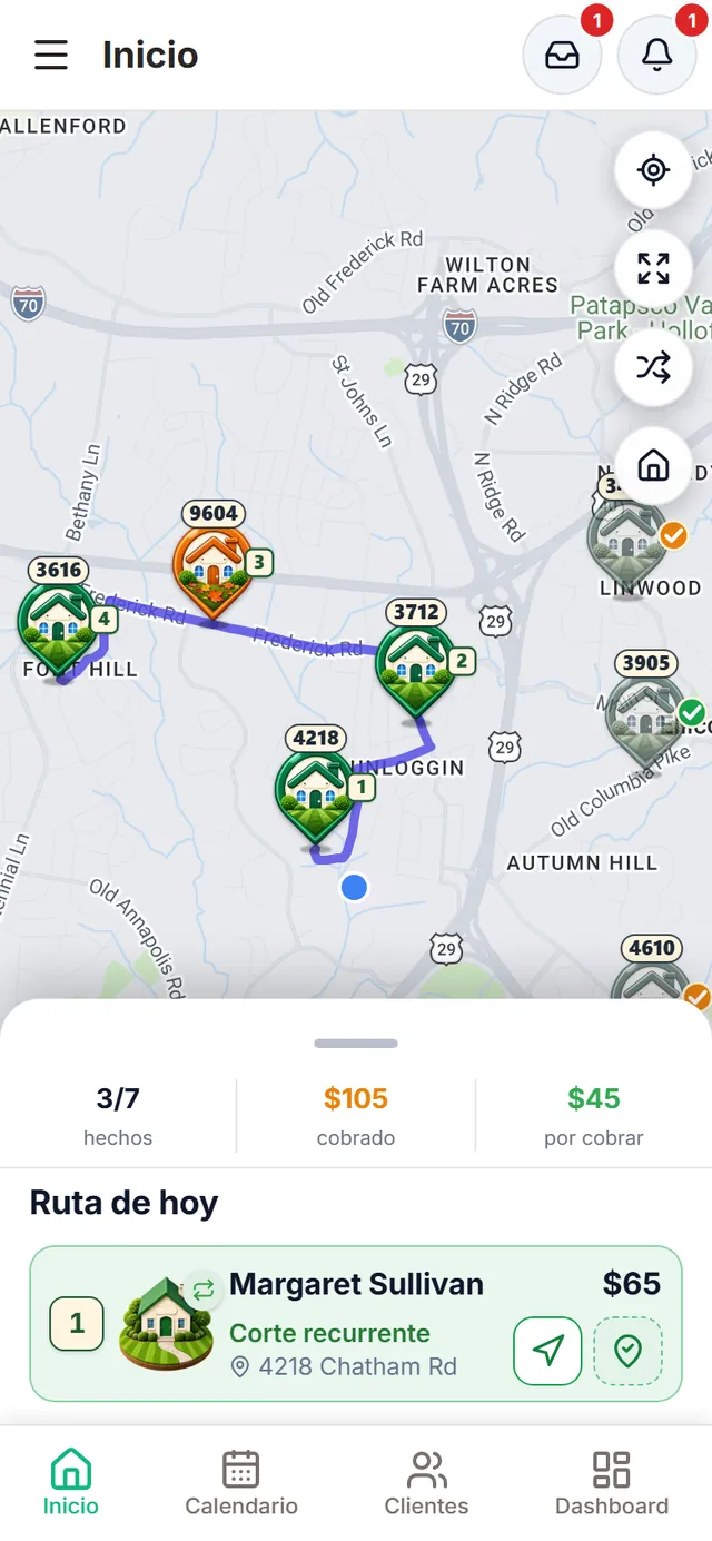 Inicio de LawnTrail: el mapa con la ruta del día. Las casitas pendientes llevan su número de parada en un cuadrito; las terminadas se ven apagadas con un check verde (debe) o naranja (pagado). Abajo, 3 de 7 hechos, $105 cobrados y $45 por cobrar, y la próxima parada: Margaret Sullivan