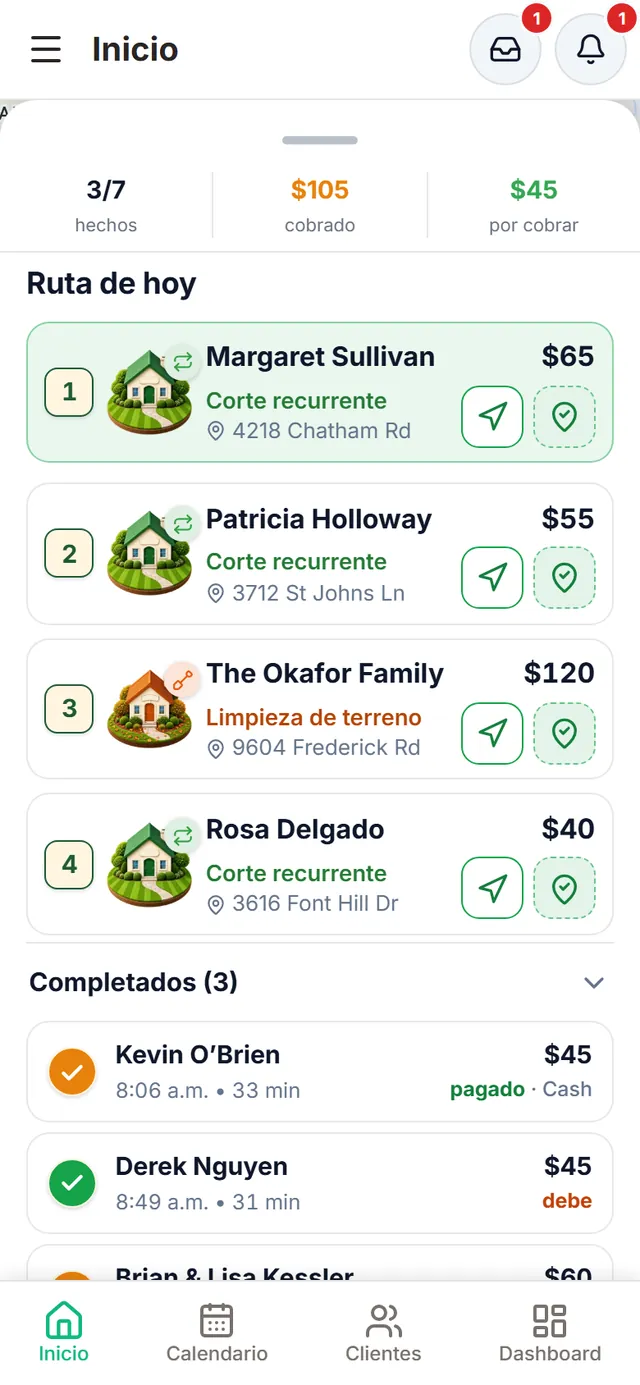 Ruta de hoy: cuatro paradas pendientes numeradas con su servicio, dirección, monto y botones para navegar y registrar la llegada; debajo, los completados con hora, duración y si pagaron