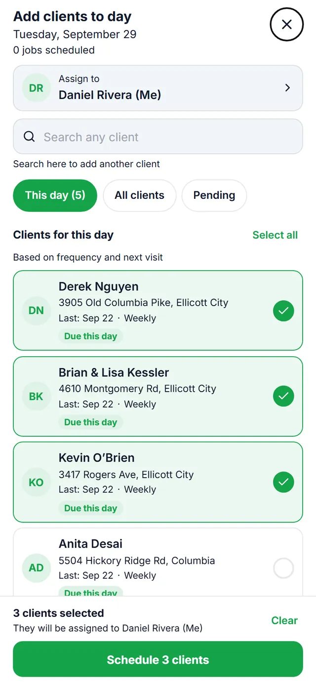 Add clients to day: Tuesday, September 29, assigned to Daniel Rivera, with the clients due that day and three selected to schedule