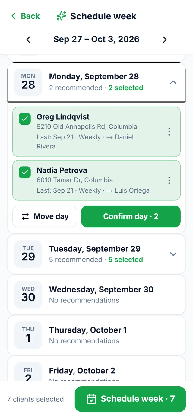 Schedule week: next week with the recommended clients for each day; Monday expanded with two clients selected and the “Confirm day” button