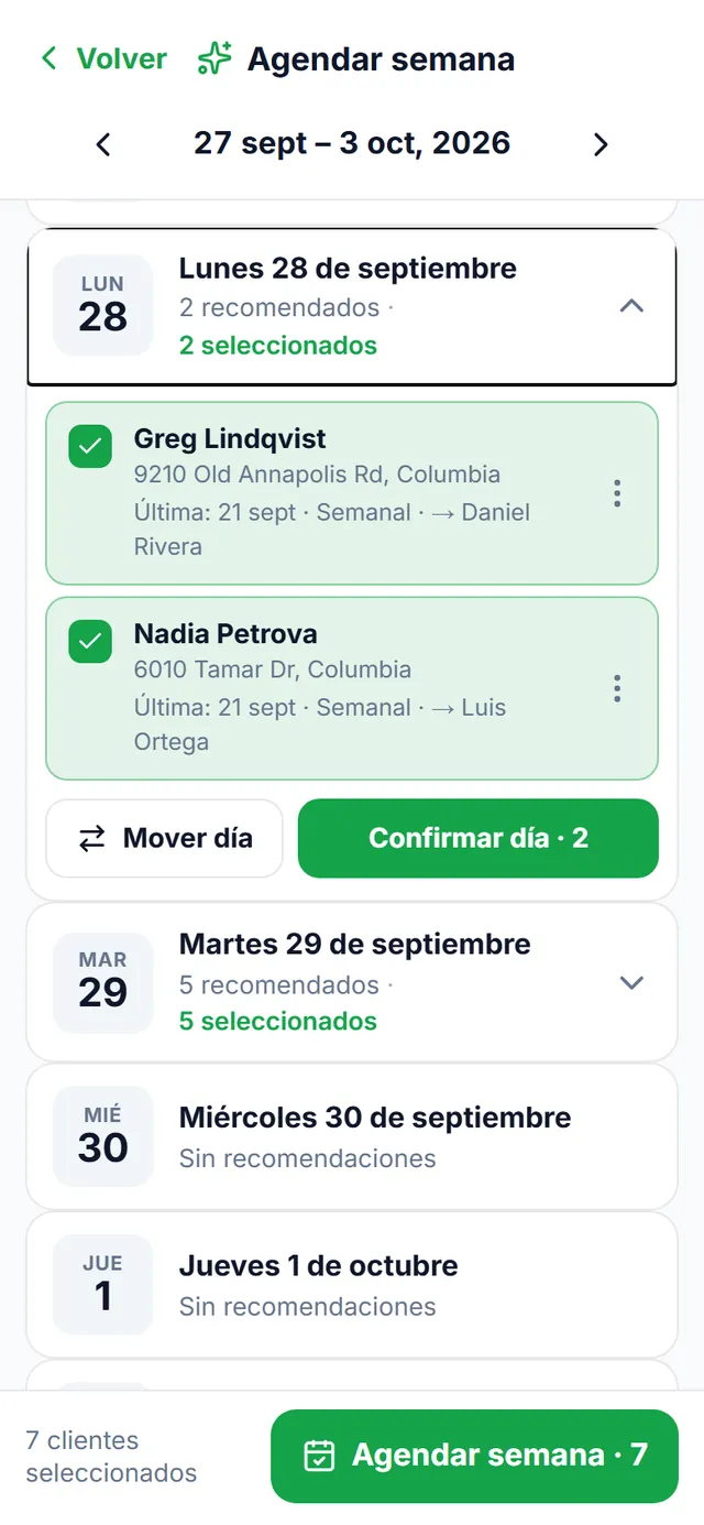 Agendar semana: la semana siguiente con los clientes recomendados para cada día; el lunes desplegado con dos clientes seleccionados y el botón «Confirmar día»