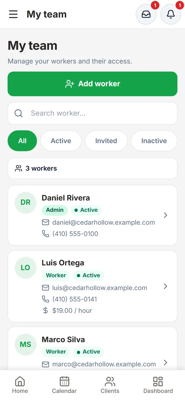 My team: Daniel Rivera (admin) and workers Luis Ortega and Marco Silva, active, with their contact details and rate