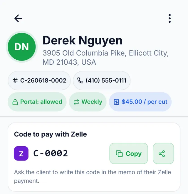 Derek Nguyen’s record with the “Code to pay with Zelle” card: C-0002, with buttons to copy and share