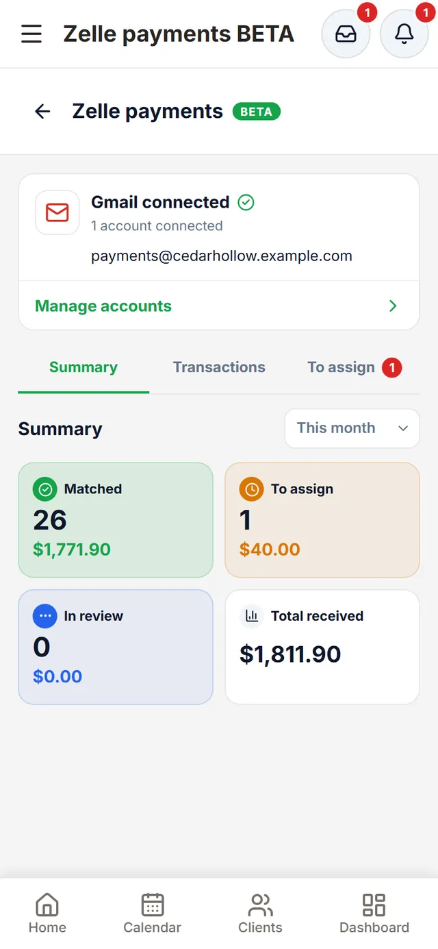Zelle payments (beta): Gmail connected with one account and the month’s summary: 26 matched, 1 to assign, 0 in review and the total received