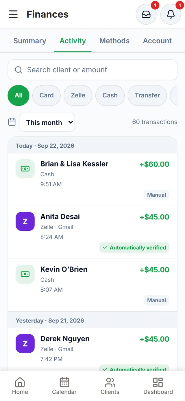 Finances → Activity: Zelle payments tagged “Automatically verified” next to cash payments tagged “Manual”