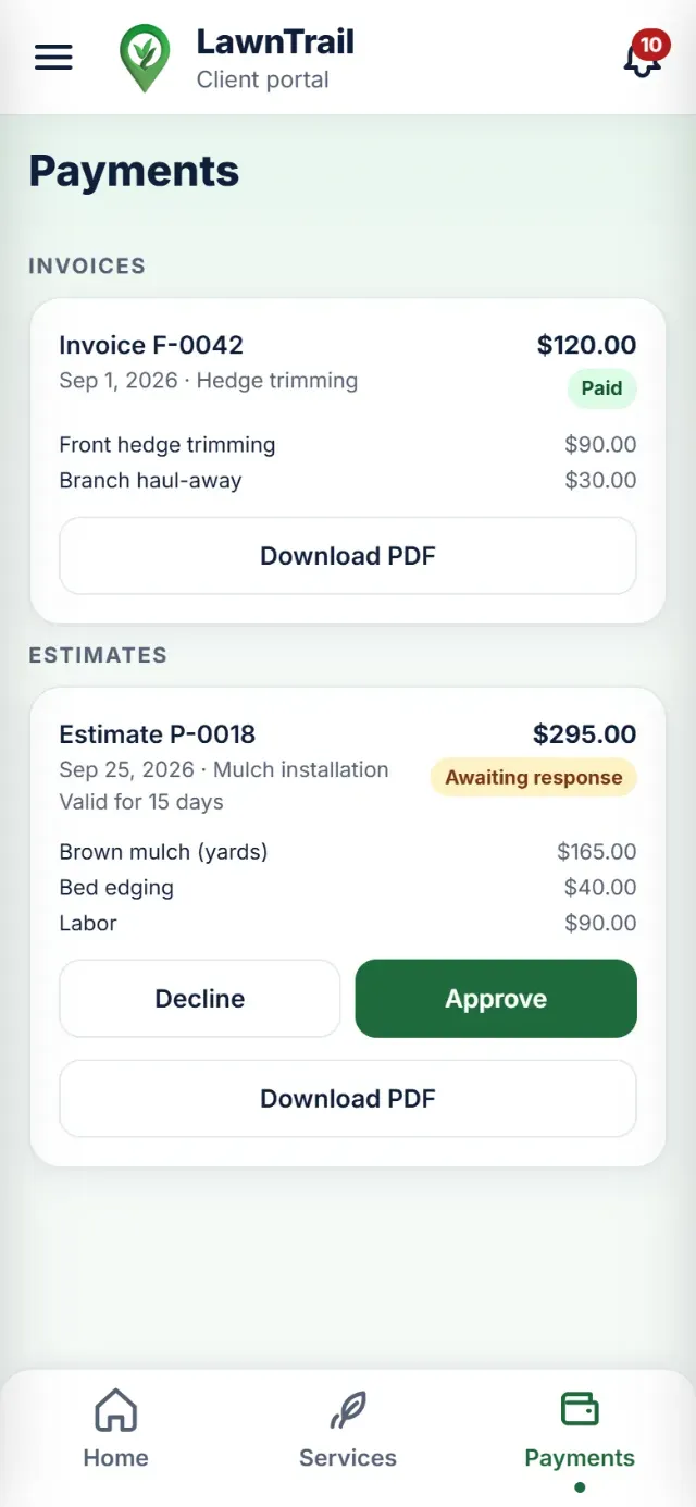 Client portal, Payments section: invoice F-0042 for $120.00, paid, and estimate P-0018 for $295.00, awaiting response, with their line items and the “Decline”, “Approve” and “Download PDF” buttons